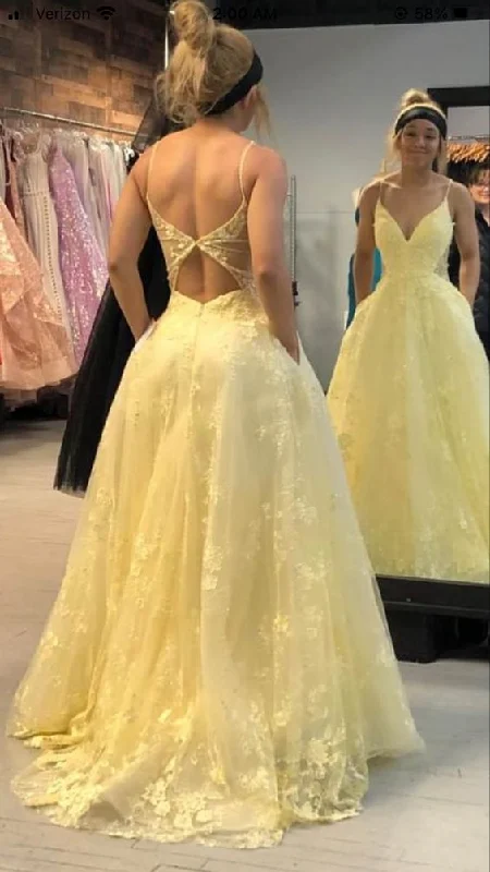 Yellow V Neck Open Back A-Line Long Prom Dress Elegant Party Dress,DP895 Tunics Brand named