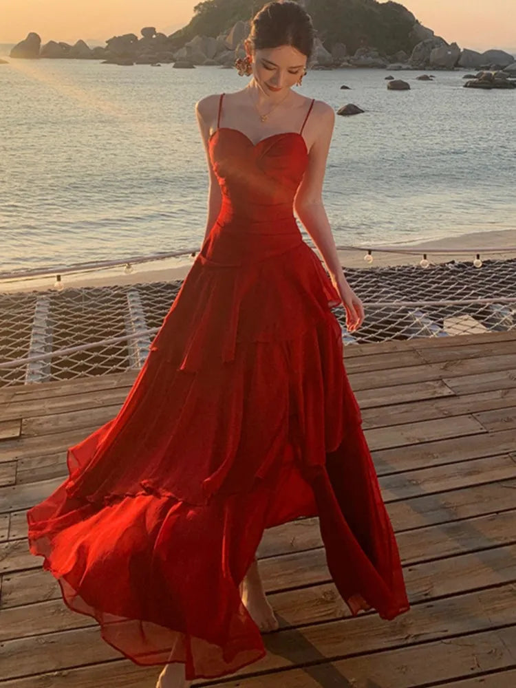 Advbridge Elegant Red Ruffles Party Dress for Women Sexy Spaghetti Strap Backless Slim Evening Dresses A-Line Casual Vestidos Long Robe Turtleneck Warm Winter