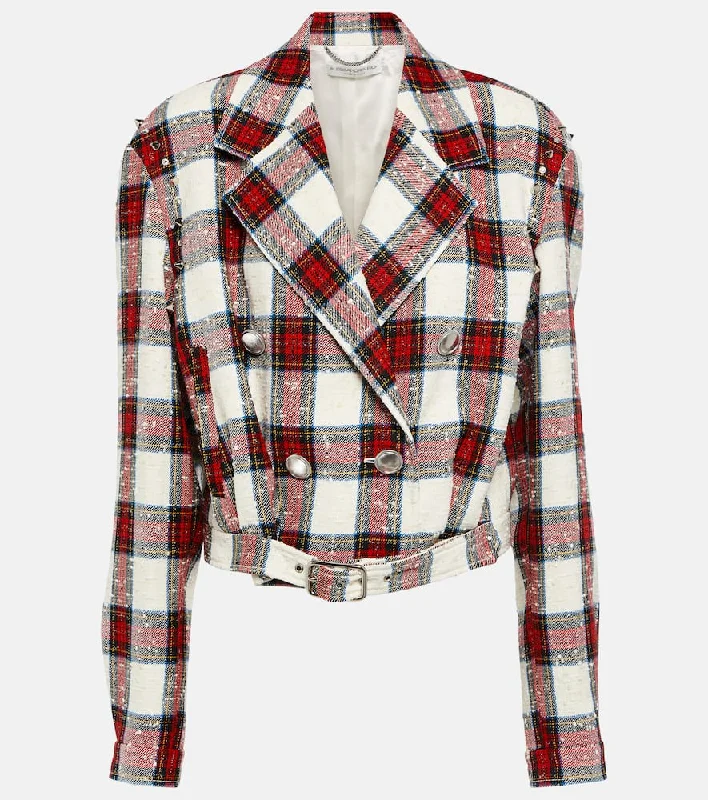 Alessandra Rich Checked cropped wool-blend jacket Satin Fabric Silk Fabric Chiffon Fabric