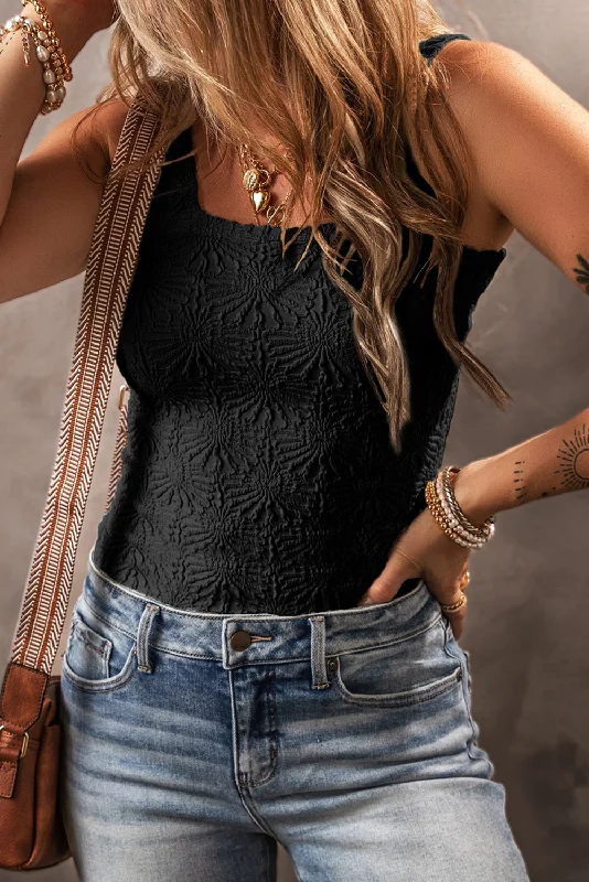Black Floral Jacquard Square Neck Tank Top seamless tank top