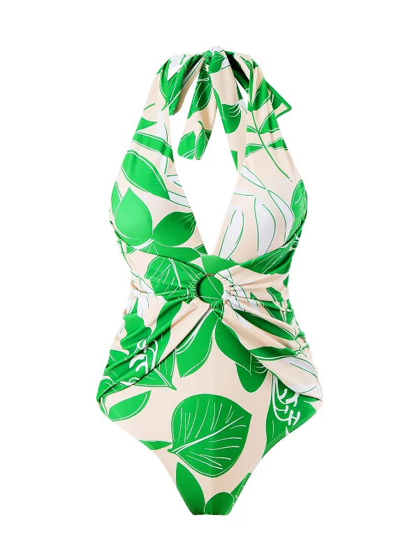 Green 1960s Plant Prints Halter One-Piece Swimsuit Ruffled Swimsuit Top