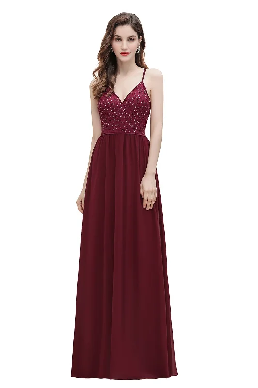 V-Neck Burgundy A-line Evening Maxi Dress Prom Party Dress Tunics Mesh breathable