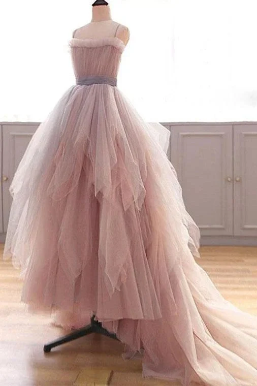 Vintage A-line Spaghetti Straps Blush Prom Dress Puffy Ruffles Party Dress OKU26 Tunics Stylish elegant