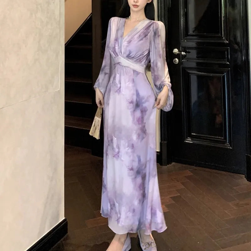 Advbridge French Vintage V-neck Lantern Sleeve Midi Dresses for Women Mesh Slim High Waist Bodycon Autumn New Party Dress Vestidos Mujer Tunics Running lightweight
