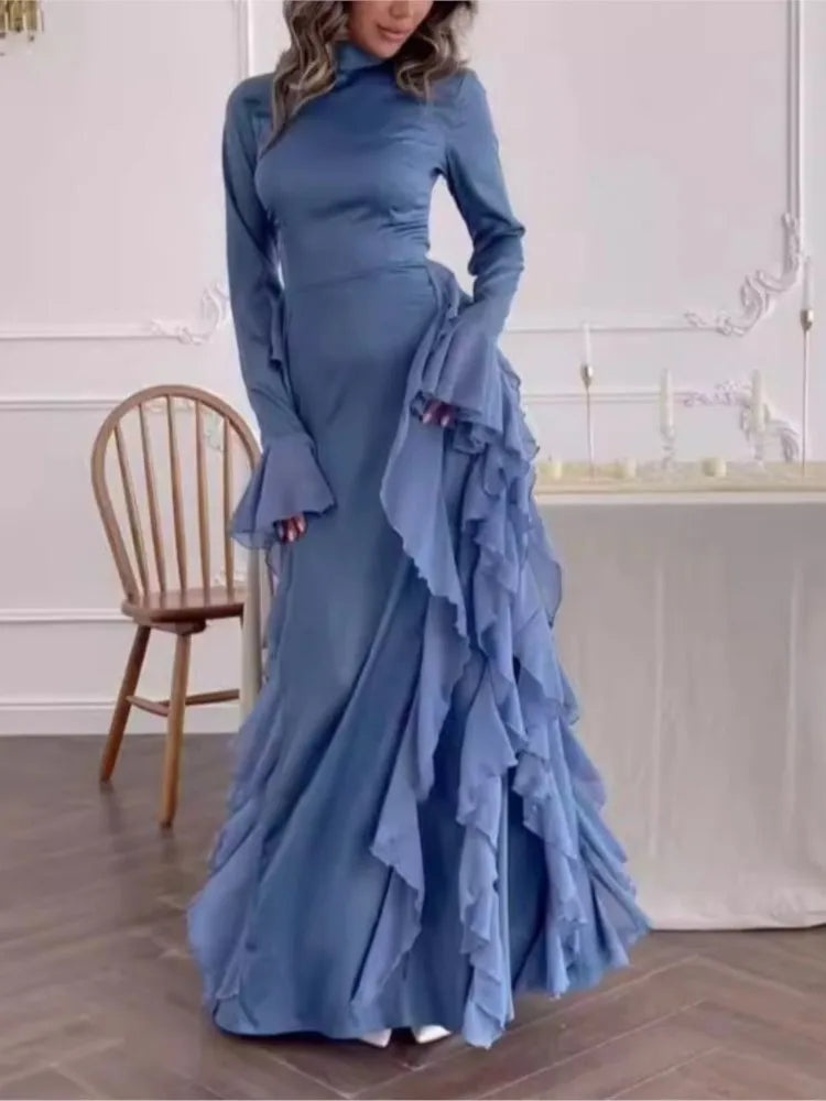 Advbridge Autumn Bodycon Maxi Dresses for Women Ruffles Flare Sleeves O-neck Wedding Evening Party Dress Slim Prom Robe Vestidios New Tunics stripes playful
