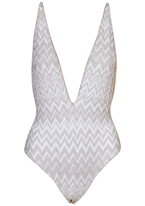 Deep V-Neck Swimsuit White/Gold Retro Swimwear Style