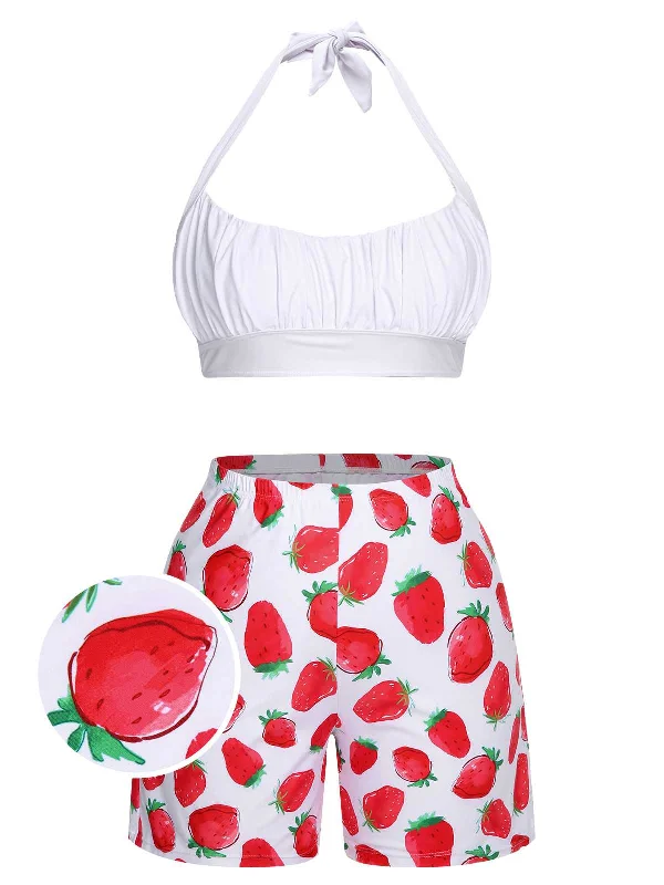 [Plus Size] 1930s Halter Strawberry Swimsuit Set Adjustable Strap Swimsuit