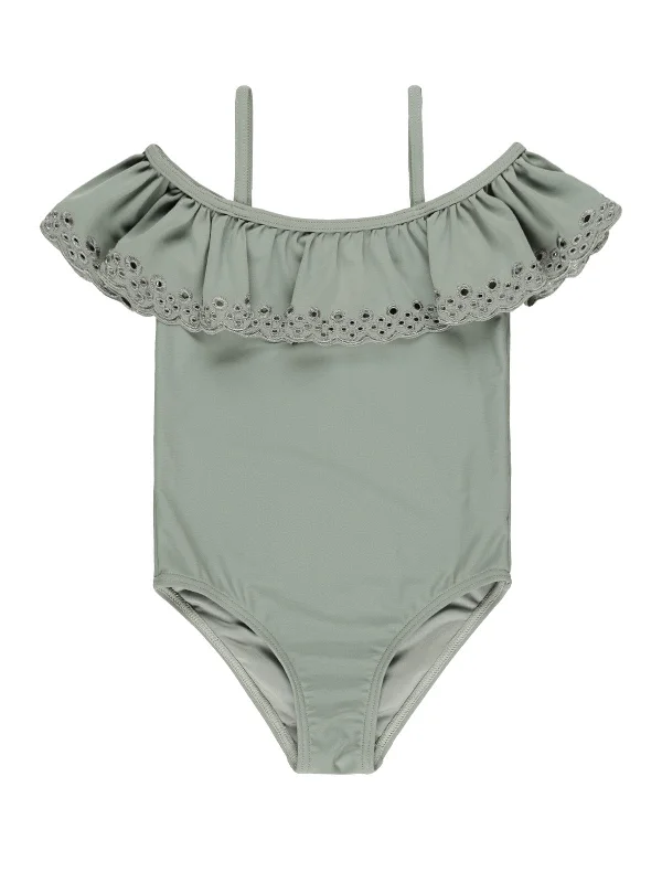 Rylee & Cru Off The Shoulder One-Piece Swimsuit, Eucalyptus Comfortable Swim Shorts