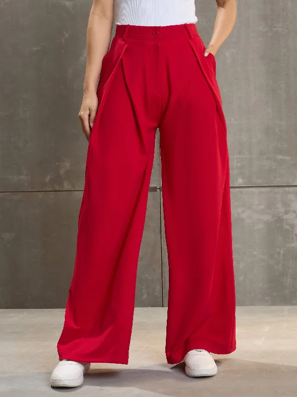 Women Red Front Wrap Pleated Wide Leg Pants Comfortable Wide-Leg Pants
