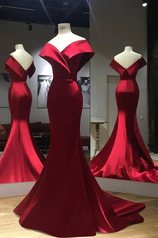 Charming Off the Shoulder Mermaid Prom Dress Burgundy Backless Evening Party Dress Crew Neckline Sporty