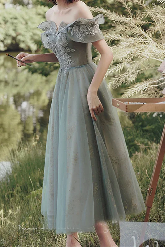 Sweetheart Off Shoulder A-line Tulle Party Dress Lace-Up Princess Appliques Prom Dress OKW80 Tunics Ceremony elegant