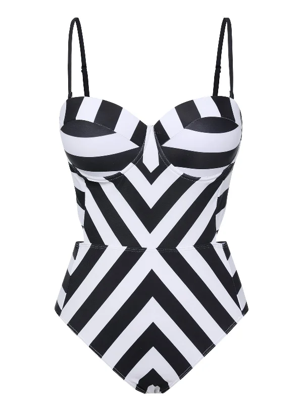 1960s Black White Contrast Stripes Swimsuit Flirty Ruffle Swimsuit