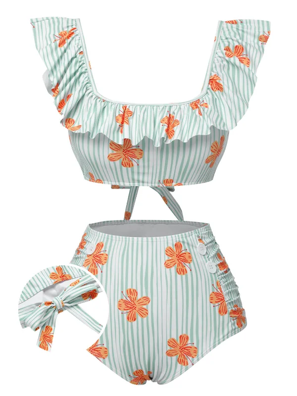 Light Green 1950s Floral Stripe Ruffle Swimsuit Strapless Swimsuit Top
