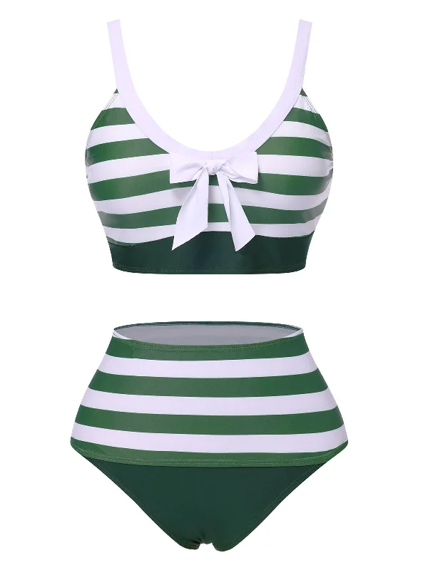 1960s V-Neck Bow Straps Stripes Swimsuit Sleek Mesh Bikini