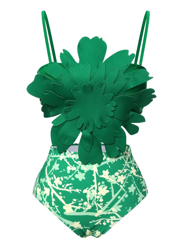 Green 1960S 3D Floral Strap Swimsuit High-Waist Bikini Set