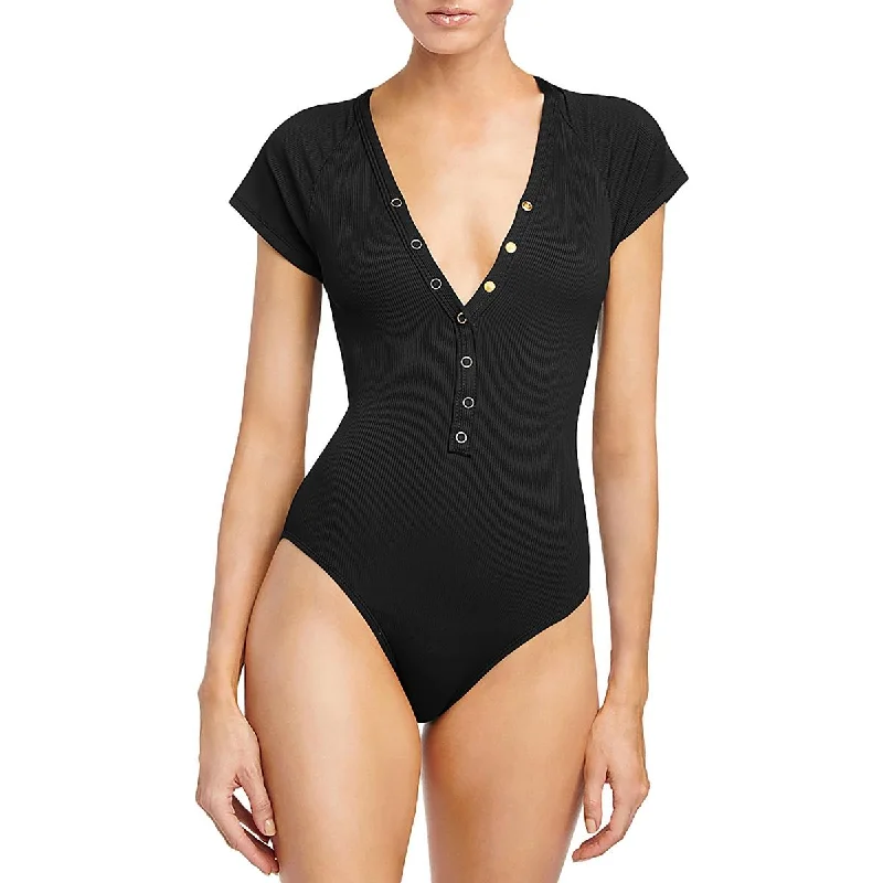 Robin Piccone Womens Amy Raglan Sleeve Open Back One-Piece Swimsuit Color-Block Bikini