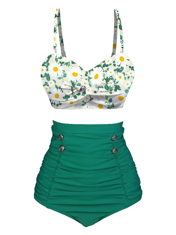 Green 1950s Daisy Strap Pleated Swimsuit Summer Ready Swimsuit