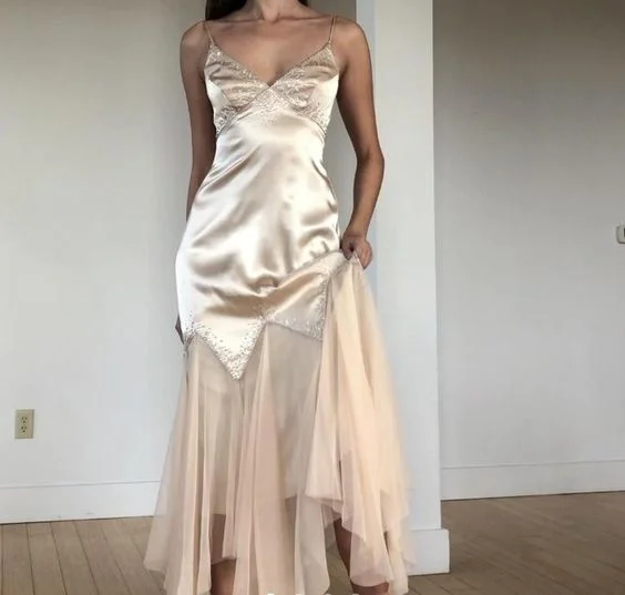 Vintage Champagne Straps Tulle Beading Long Party Dress,DP1859 Tunics Sophisticated sleek