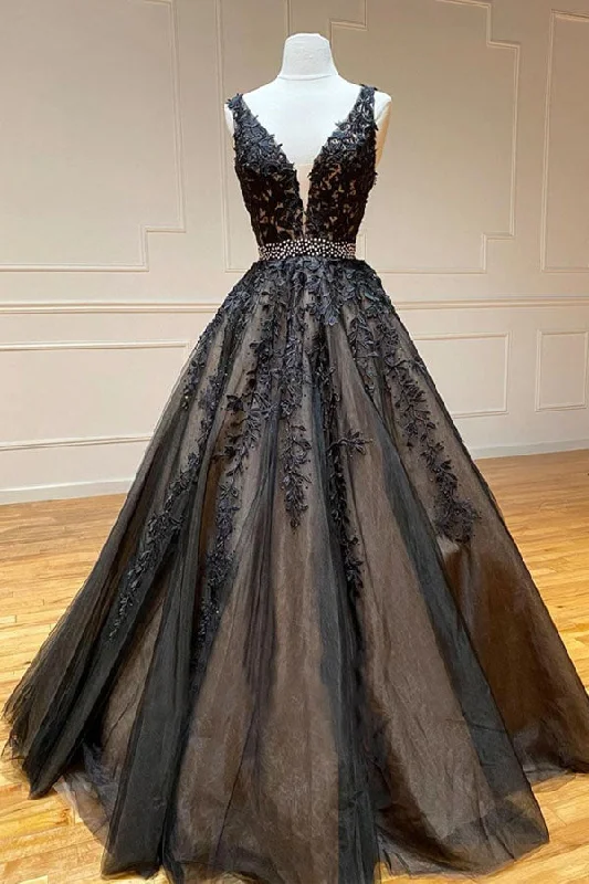 A-line Beaded Tulle Lace Long Prom Dress Long Party Dress Cowl Neckline Elegant