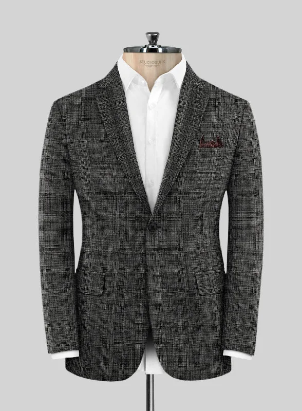 Reda Inleti Black Checks Wool Jacket Boat Neck Shawl Collar Notched Collar