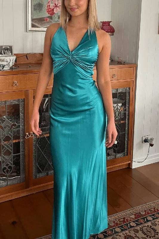 Steph | Halter V-Neck Pleated Satin Sleeveless Long Prom Party Dress Tunics Lace romantic