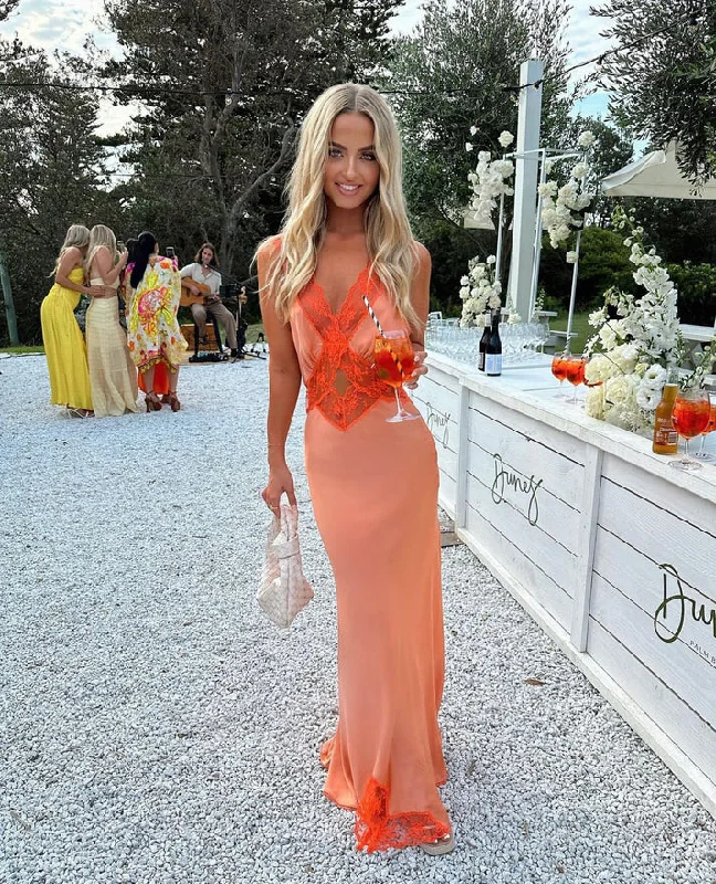 Elegant V Neck Satin Lace Long Party Dress, DP2418 Tunics Vintage classic