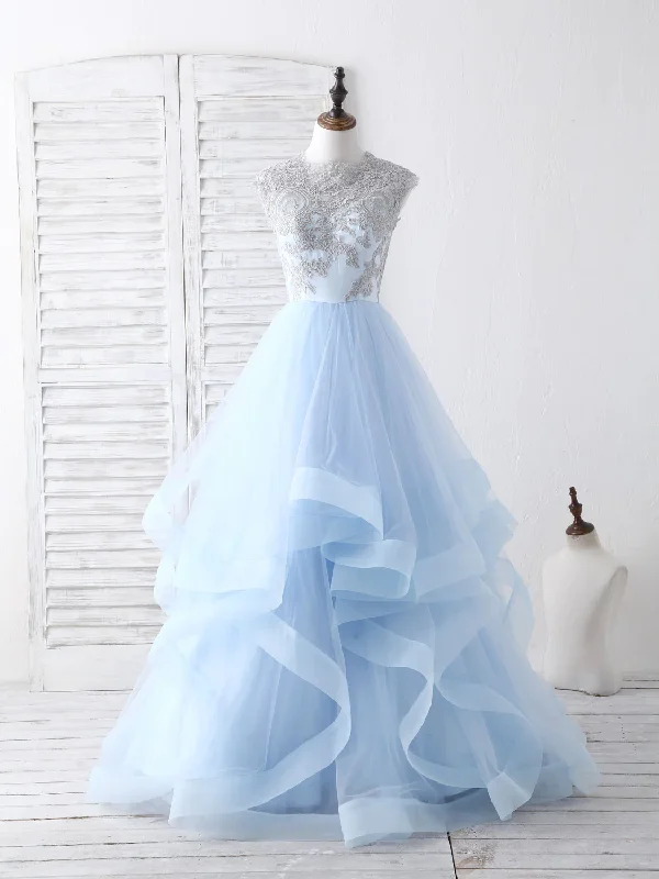 Light Blue A-Line Sleeveless Tulle Appliques Long Prom Dress Formal Party Dress,DP1437 Tunics Yoga stretchy