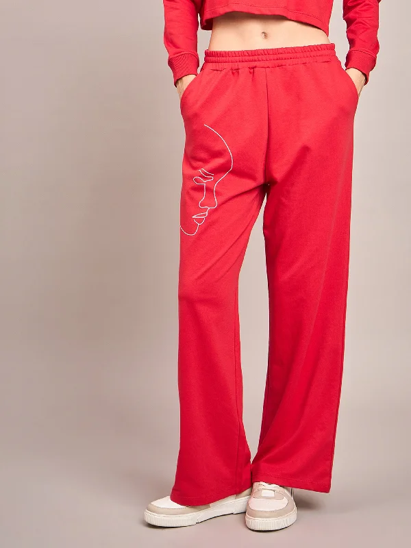 Women Red Terry Line Art Track Pants Fashionable Tapered Leg Pants