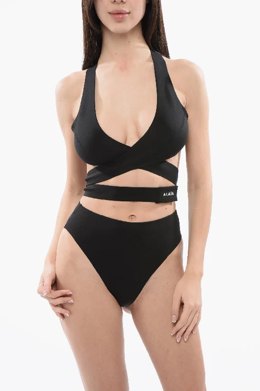 Alaia Cut-Out One-Piece Swimsuit With Contrasting Logo High-Waisted Swimwear