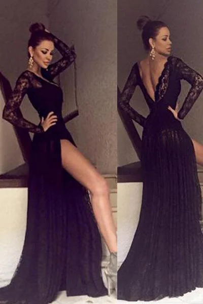 Sexy Black Lace Long Sleeves Open Back Split Prom Dresses Evening Gowns Party Dress Tunics Essential wardrobe