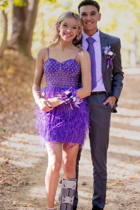 Purple Beading Spaghetti Straps Homecoming Dress Party Dress with Feather,DP1979 Tunics Designer luxury