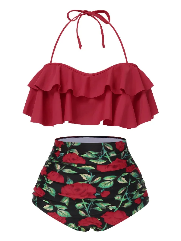 Red 1930s Rose Ruffle Halter Swimsuit Adjustable Bikini Bottoms