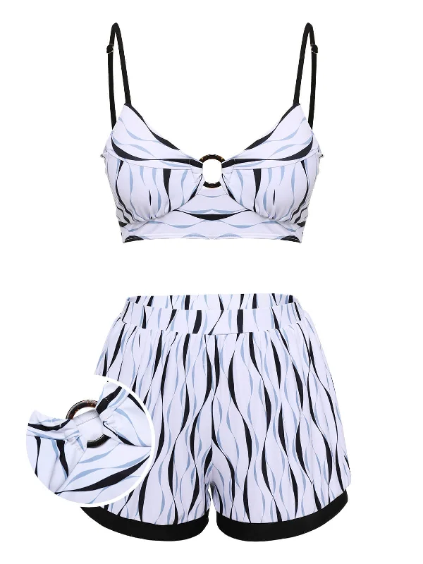 1950s Water Ripple Patchwork Strap Swimsuit Plus-Size Bikini Set