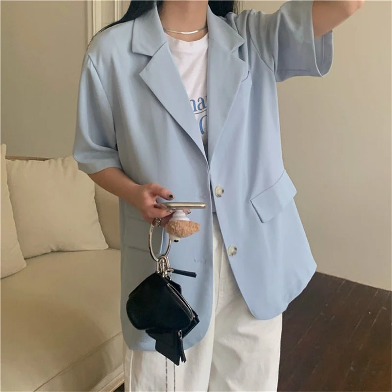 HziriP  Short Sleeve Blazer Jackets Casual Elegant 2022 Femme Retro Tops Vintage OL Outwear All Match Coats Bomber Jacket Anorak Windbreaker
