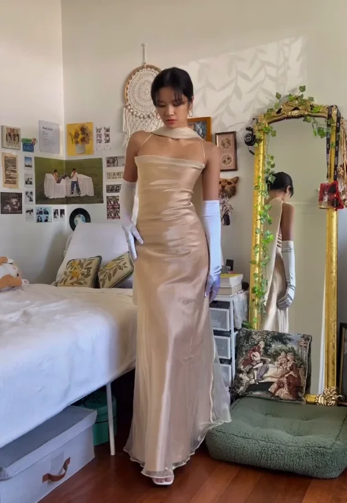 Champagne Straps Backless Vintage Long Party Dress, DP2838 Tunics Bridal satin