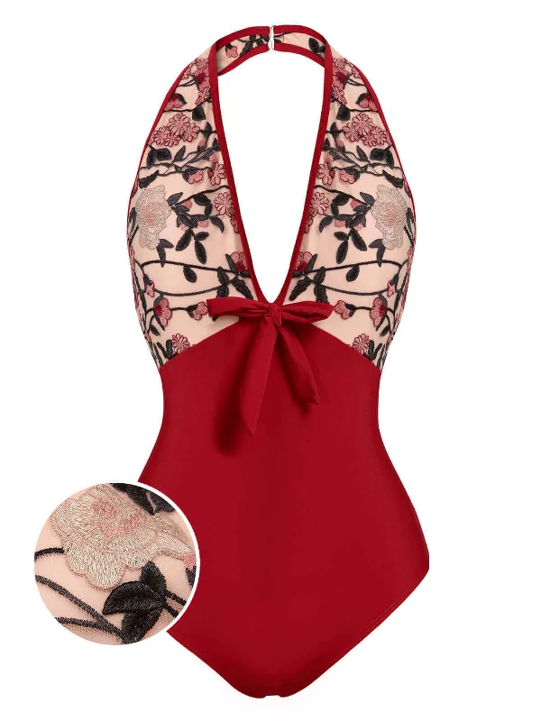Wine Red 1950s Floral Backless Swimsuit Push-Up Swimsuit Top