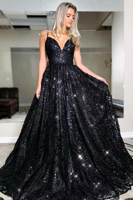 Sparkly A-line Black Tulle Long Prom Dress Long Party Dress Peplum Ruffle Cocktail