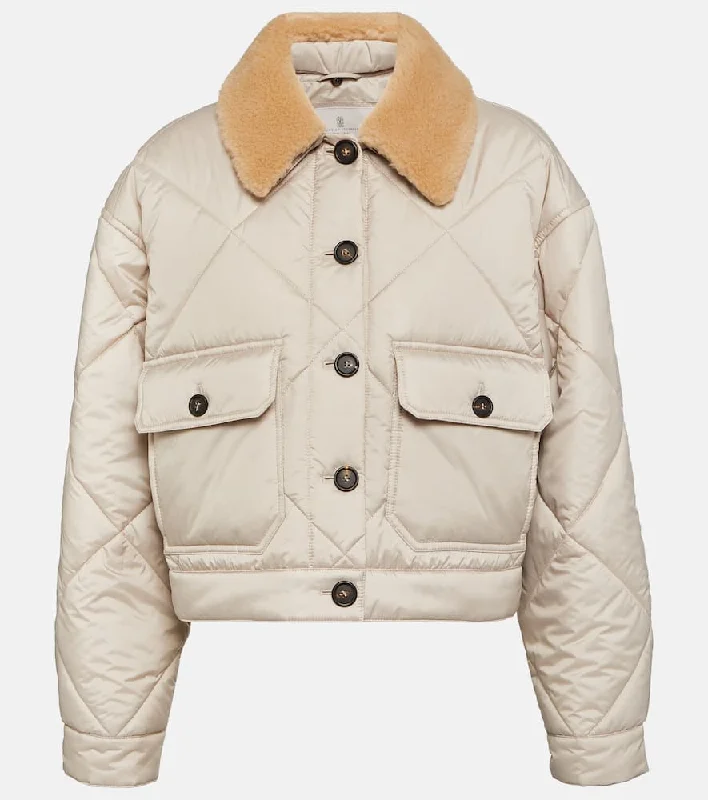 Brunello Cucinelli Shearling-trimmed quilted jacket Mesh Jacket Canvas Jacket Denim Jacket