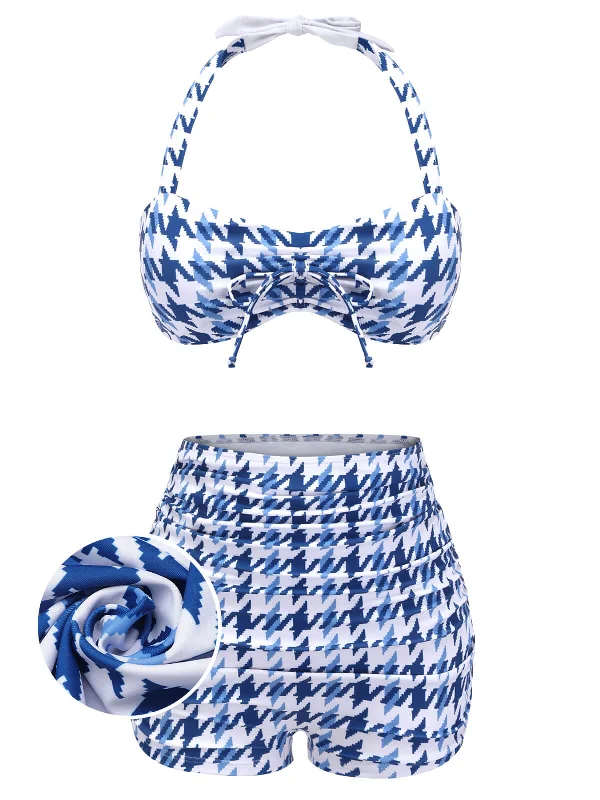 Blue 1940s Houndstooth Bow Halter Swimsuit Classic Two-Piece Bikini