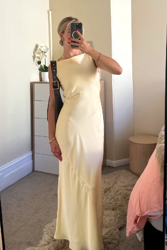 Light Yellow Sleeveless Satin Elegant Long Party Dress, DP2409 Mermaid Tail Wedding