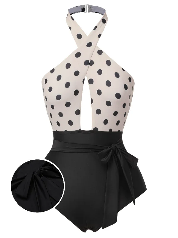 Beige 1950s Polka Dot Halter One-Piece Swimsuit Sexy Cutout Swimsuit