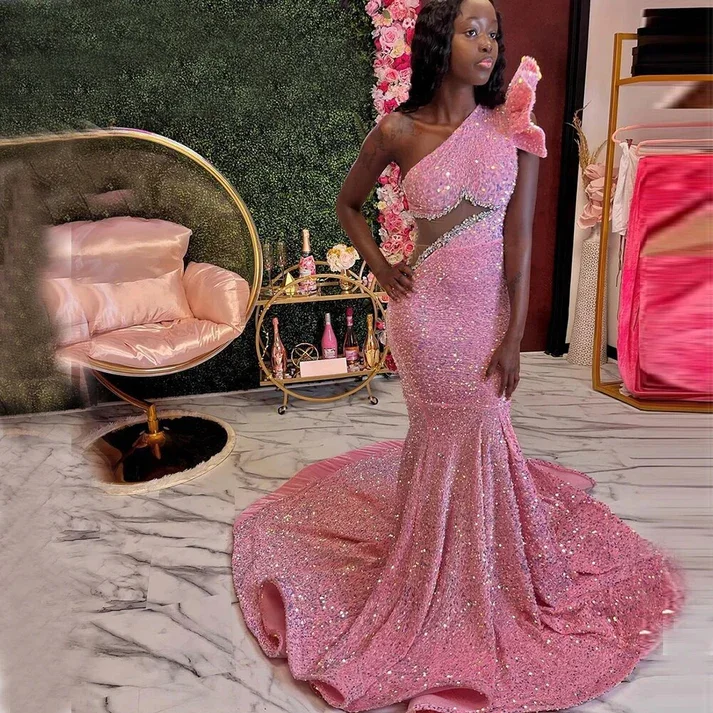 Pink Beaded Sequins Evening Dress One Shoulder Black Girl Formal Party Dress, DP2384 Tunics Chic elegant