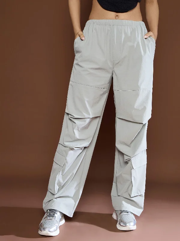 Women Unisex Light Grey Pleated Knee Baggy Parachute Pants Comfortable Cargo Pants