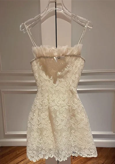 Ivory Spaghetti Straps Lace Mini Party Dress Homecoming Dress,DP1843 Tunics Evening elegant