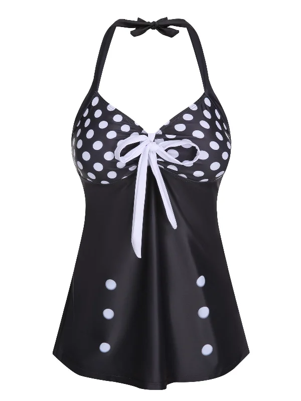 Black 1930s Halter Polka Dots Bow Swimsuit Comfortable Tankini Set