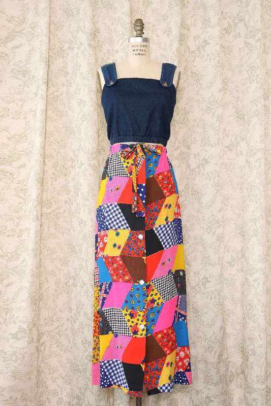 Crazy Patchwork Maxi Skirt M/L leather skirt durable