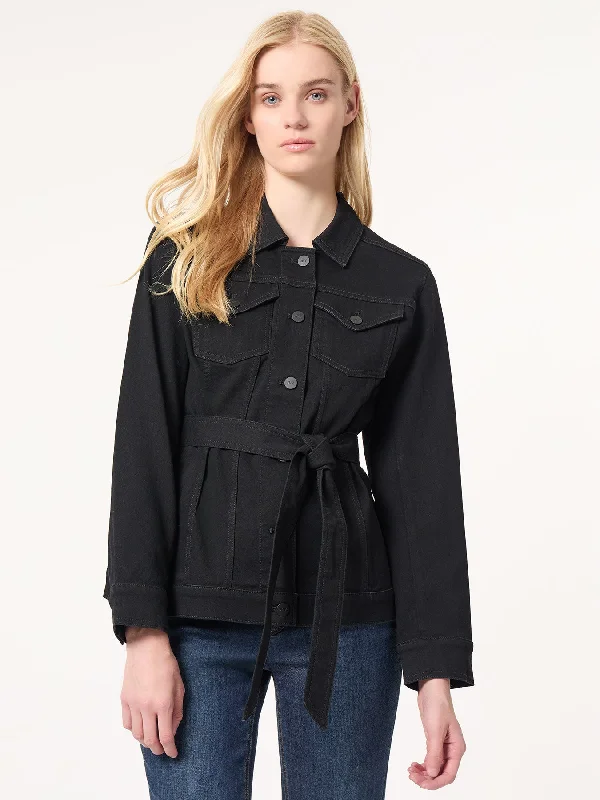 Denim Belted Button-Front Jacket, Onyx Wash Fleece Jacket Down Jacket Parka