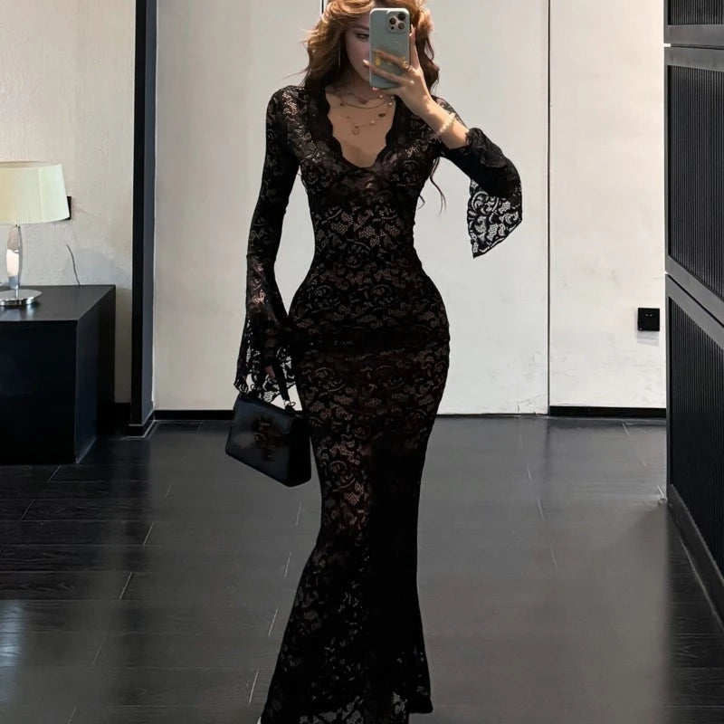 Advbridge Sexy Bodycon Lace Long Dresses for Women V-neck Flare Sleeves Slim Mermaid Evening Party Dress Club Prom Robe Ladies Vestidos Tunics Denim casual
