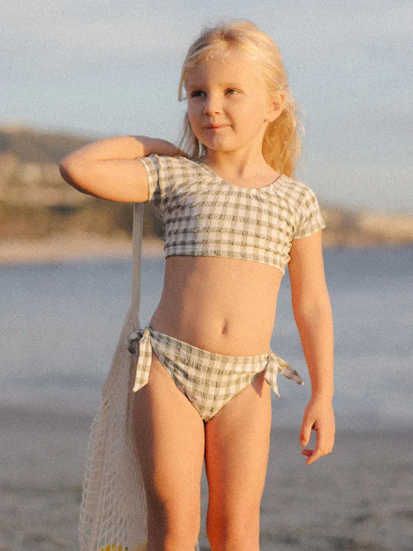 Rylee & Cru Cropped Rashguard Swimsuit Set, Eucalyptus Check Trendy Swimsuit Bottoms