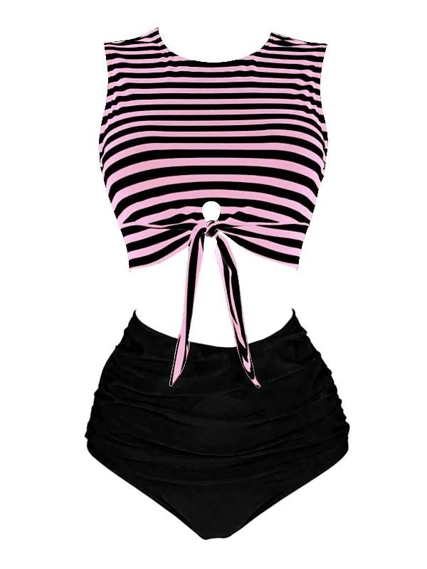 [Pre-Sale] Pink & Black 1970s Striped Waist Tie Patchwork Swimsuit Lace-Detail Bikini Set